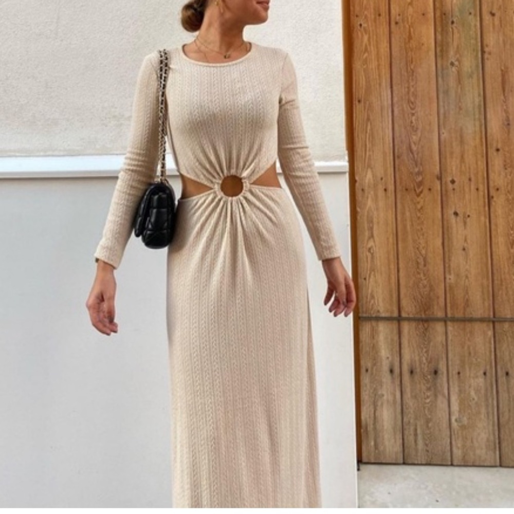 Zara Tan/Cream Long Sleeve Cut-Out Dress Size M NWT